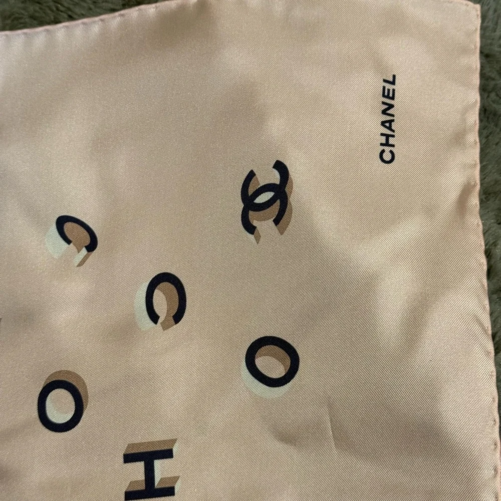 CHANEL Pink and Blue Logo Print Silk Scarf